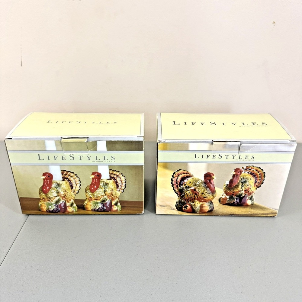 Lot 2 Lifestyles Home Accents Ceramic Turkey Candle Holders / Salt & Pepper Sets